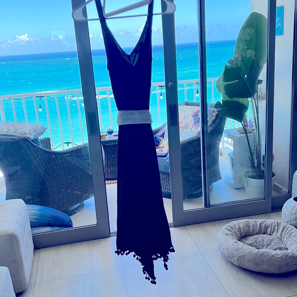 Stunning black versatile summer dress with pompom detail at bottom
